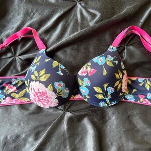 Floral Navy Push-Up Bra with Pink Accents